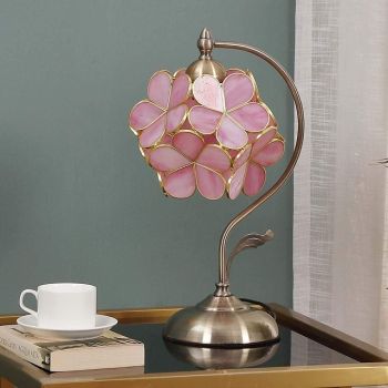 Sakura Tiffany Style Stained Glass Desk Lamp with Petal Lampshade Retro Pure Brass Base Switch Plug Decorative Desk Lamp AC100-240V Suitable for Study Bedroom Restaurant Coffee Table