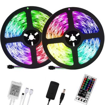 LED Strip Lights RGB 10M 32.8ft Christmas Tiktok TV Backlight 600LEDs Flexible Color Change SMD 2835 with 44 Keys Controller 100-240V Power Supply for Home Bedroom Kitchen