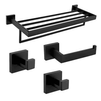 Bathroom Accessory Set Contemporary Stainless Steel Contain with Tower Rack Toilet Paper Holder and 2 Robe Hooks Bathroom Wall Mounted Matte Black 4pcs