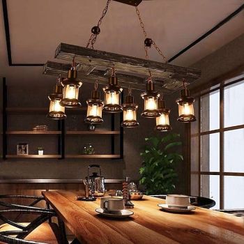 95cm LED Long Retro Strip Wooden Chandelier with Glass Shade Rope Pendant Light 8 Heads Warm White Lights Decorative Lighting Fixture Retro Rustic Antique Ceiling Lamp AC110V AC220V