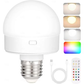 Rechargeable Light Bulbs with Remote Control, Battery Operated Light Bulb for Sconce and Lamp, 3 Color Temperature Dimmable E26 Wireless Detachable LED Charging Bulb