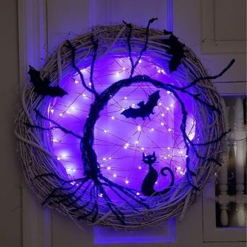 30CM Happy Halloween Decorations Wreath with LED, Light Up Black Bat Cat Wreath Pendant for Halloween Decoration Home Party Supplies