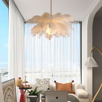 LED Pendant Light Chandelier Gorgeous Extra Large 60cm 1-Light White Ostrich Feather Bouquet Pendant Light Romantic Mounted Lighting Fixture for Restaurant Bedroom