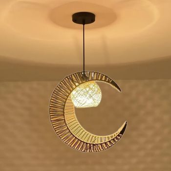 Country Vintage Crescent Moon Pendant Light, Metal Braided Rope Material, 40cm Height, Warm White/White Light, E26 E27, Adjustable Chain