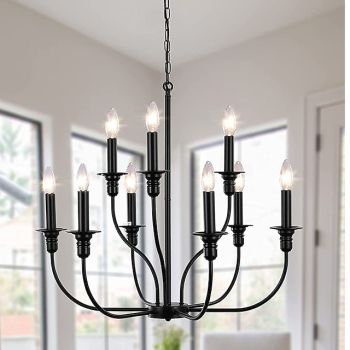Chandelier 6-Light Modern Farmhouse Chandelier Wrought Iron Classic Candle Ceiling Pendant Light Fixture for Dining Room Living Room Kitchen Island Entry Stairwell, Dia 26" 110-240V