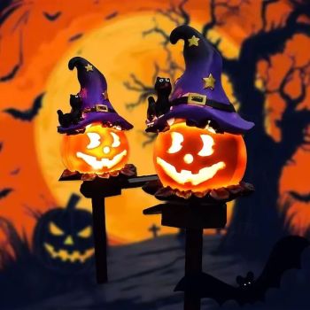 2 Pcs Halloween Solar Ground Lights Outdoor Resin Pumpkin Lantern Wizard Hat Ghost Light Outdoor Lawn Lights Waterproof for Yard Path Cemetery Garden Haunted House Party Decoration