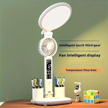 Table Lamp LED Multifunction Foldable Touch With Calendar Clock USB Desk Lamp Built-in Fan Eye-Care Technology for Bedroom Bedside Reading Light