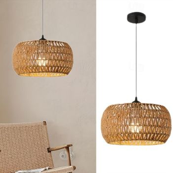 Country Vintage Woven Rattan Pendant Light, Braided Rope Material, 17cm Height, Warm White/White Light, E26 E27, Adjustable Chain