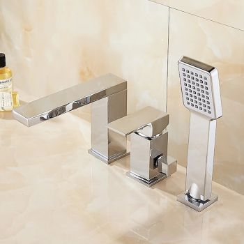 Bathtub Faucet - Contemporary Chrome Free Standing Ceramic Valve Bath Shower Mixer Taps / Three Handles Three Holes Durable Bathtub Faucet