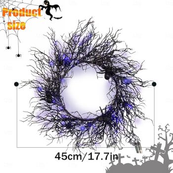 Halloween Wreaths for Front Door with LED, Spooky Ghost Eyes Black Branch Skeleton Pumpkin Halloween Decor Indoor, Halloween Door Wreath for Window Party Farmhouse Indoor Home