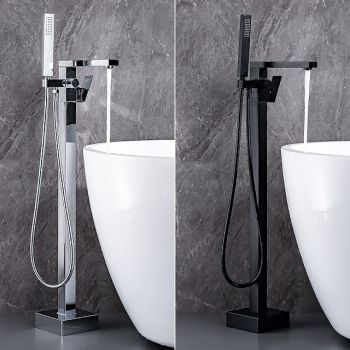 Freestanding Bathtub Faucet, 360° Swivel Spout Floor Mount Standing Tub Filler Single Handle Brass Tap with Hand Shower Sprayer Durable Bathtub Faucet