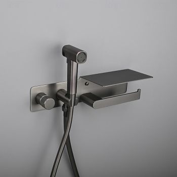 Brushed Gold Bidet Sprayer Concealed Button Brass Valve with Commodity Shelf Paper Holder Plastic Sprayer PVC Hose Grey Hygienic Wash