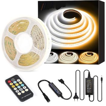 COB LED Strip Light White CCT Tunable 3200LEDsCRI90 16.4ft/5m Dimmable 2700K-6500K 24V LED Tape Lights Kit with UL-Listed Power Supplyfor Under Cabinet Bedroom Kitchen TV Mirror DIY Lighting