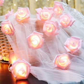 Elegant Wedding Reception Party 6M 40LED Pink Rose Flower LED Fairy Lights Holiday String Lights Wedding Party Decoration Lamp Battery Operated Without Battery