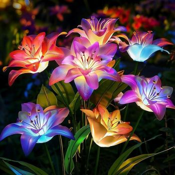 1 Pc 4 Head Outdoor Solar 7-Color Dimming Lily Ground Plug in Light Courtyard Garden Park Path Lawn Wedding Festival Party Memorial Decorative Light in front of Tombstone
