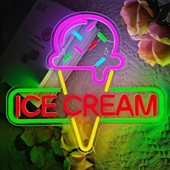 Ice Cream Neon Sign Light, Colorful LED Neon Light, USB-Powered with Brightness Control for Cafe, Shop, Bedroom, Restaurant Wall Decor