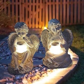 Garden Angel Statyes, Angel Fairy Statuette with Solar Light, Garden Resin Angel Figurines Ornament Angel Decoration for Lawn Cemetery Memorial Gifts, Guardian Angel Garden Statuette-Girl