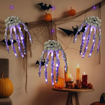 3 PCS Purple Ghost Hand Light 20LED Battery Powered Halloween Skeleton Hand Hanging Light for Bedroom Party or Indoor Space Plastic Skeleton Hand Design with Glowing Purple Effect Halloween Decoration