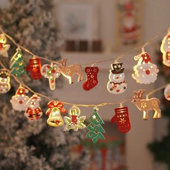 Christmas Garland Lights 1.5m 10LED Iron Santa Claus Snowman Fairytale String Lights Elk Bell Lights Battery Powered Christmas New Year Atmosphere Holiday Party Porch Window Garden Balcony Decoration
