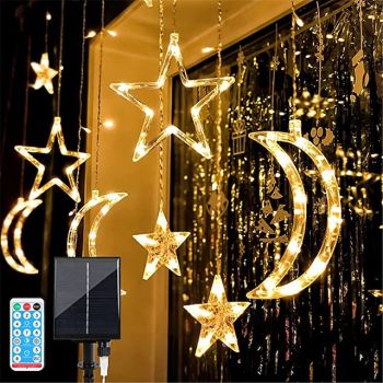 Solar Star String Lights Outdoor 138 LED Solar Powered Curtain Lights Window Lights Solar Led String Lights Twinkle Star Moon Fairy Lights for Backyard Garden Patio Home Christmas Holiday Decoration