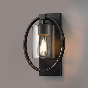 Vintage Glass Wall Lamp with Ring Design, Industrial Wall Light Fixtures Black Finish, Hardwired Indoor Wall Sconce Lighting for Living Room Bathroom Kitchen Hallway(Bulb not Included)