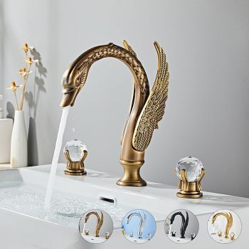 Widespread Bathroom Sink Mixer Faucet Swan Shape, Vintage Brass 3 Hole 2 Handle Basin Tap Deck Mounted, Washroom Basin Vessel Water Tap with Hot and Cold Hose