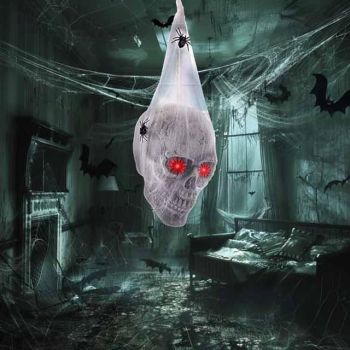 Halloween Decorations Skull with Light Up Eyes Hanging Skeleton Inside Spider Web for Outdoor Indoor Halloween Haunted House Decor