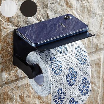 Aluminium Bathroom Paper Holder with Mobile Phone Storage Shelf Wall Mounted Roll Holder Black and Silvery 1pc