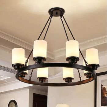 Modern Farmhouse Chandelier Wagon Wheel Chandelier for Dining Room 3/6/8-Light with Frosted Glass Rustic Hanging Light Fixture
