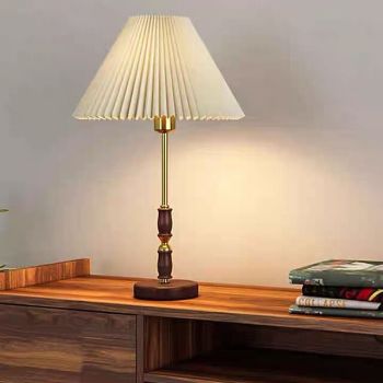 Vintage Table Lamp Wooden with Tapered Drum Fabric Shade Table Lamp Living Room, 5W Bedroom Study Desk Lamp 110-240V