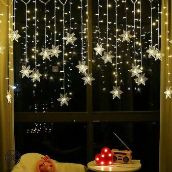 3.5m 96pcs LED Snowflake Star Curtain String Lights with 8 Flash Modes Plug in Christmas Fairy Garland Lights for Window Curtain Home Holiday Party Outdoor Décor Waterproof