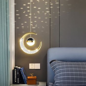 Pendant Light LED Moon Shape Projection Light Sky Star Bedroom Bedside Background Wall Chandelier