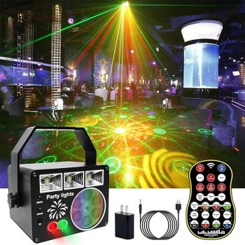 Party Lights with LED Pattern Projection 3-in-1 Sound Activated DJ Lights RGB Projector with Remote Control for Home Karaoke Birthday Wedding Dance Floor Decoration