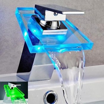 Waterfall Bathroom Sink Mixer Faucet Chrome, Led Faucet Lights Color Changing Battery Powered, Single Hole Single Handle Basin Taps, Brass Washroom Facuet with Glass SpoutSmart Faucet