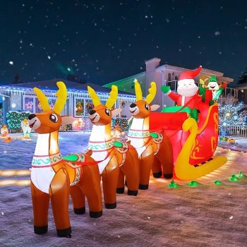 Christmas three reindeer pulling Santa Claus on a sled, elf LED with lights, inflatable air model, indoor and outdoor courtyard lawn, festive atmosphere decoration light, 12FT length, EU/US/UK/AU Plug