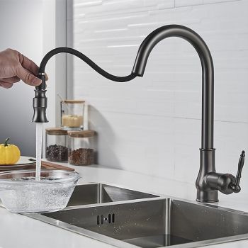 Kitchen Sink Mixer Faucet with Pull Out Sprayer Grey, 360 Swivel Single Handle Spring Kitchen Taps Deck Mounted, One Hole Brass Kitchen Sink Faucet Water Vessel Taps Pull Down Kitchen Faucets