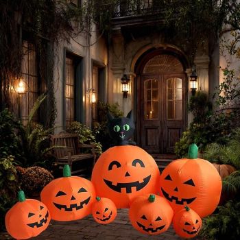 1 Pc Halloween 2.3-meter Seven Pumpkin Black Cat Inflatable Air Model Indoor and Outdoor Courtyard Garden Lawn Party Atmosphere Decorative Lamp US/EU/UK/AU Plug