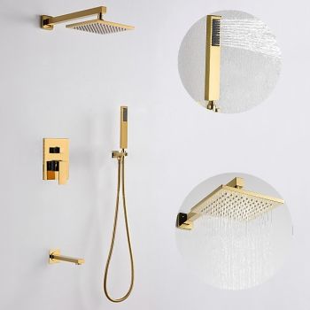 Shower Faucet,8 Inch Gold Shower Faucets Sets Complete with Stainless Steel Shower Head, Solid Brass Handshower, and Rotary Nozzle Wall Mounted Installation Rainfall Shower Head System Foundation of a Perfect Shower