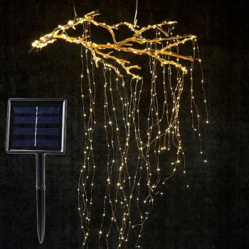 Solar String Lights Outdoor 10 Strands 2M 200LEDs Waterproof Twinkle Starry Fairy Branch Copper Waterfall Light for Garden Fence Tree Flexible Yard Garland Patio Decor Lighting