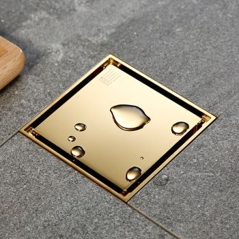 4 inch Square Shower Floor Drain, Removable Brass Flange Reversible Double Cover Tile Insert Grate, Hair Catcher Strainer Black Chrome Golden
