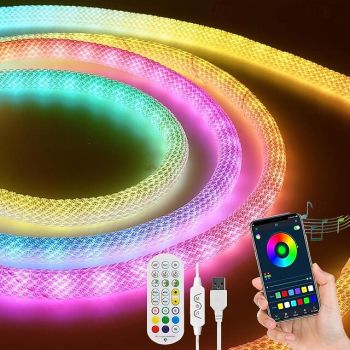Waterproof Woven LED Strip Light WS2811 RGBIC Woven Silicone Neon Addressable Dream Color USB LED Light Strip with 15mm 360 Degree Illumination 2.4G Wireless Bluetooth Music APP Multi-channel Control Flexible Dreamy Color Rope Light