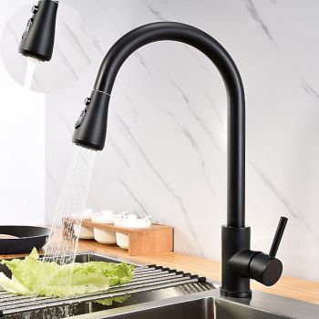 Kitchen Sink Mixer Faucet with Pull Out Sprayer Black, 360 Swivel Single Handle Kitchen Taps Deck Mounted, One Hole Brass Kitchen Sink Faucet Water Vessel Taps Pull Down Kitchen Faucets