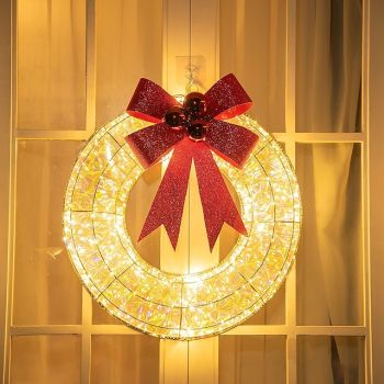 20inch Christmas Wreath with Light Iron Luminous Bow Garland LED Light-up Warm White Light Scene Decoration 30/40/50cm AA Battery Powered