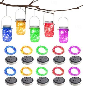 6pcs 2M Solar LED Lantern String Lights, 20 LEDs Jar Garden Lights for Christmas Wedding & Outdoor Decor Warmwhite, White, Purple, Pink, Red, Green, Blue and Red Source Color