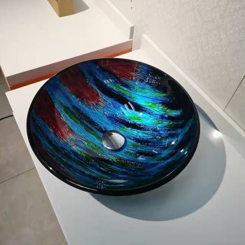 Red and Blue Color Tree Grain Round Basin Tempered Glass Wash Basin Without Faucet Suitable Waterfall Faucet Basin Holder Washbasin Art