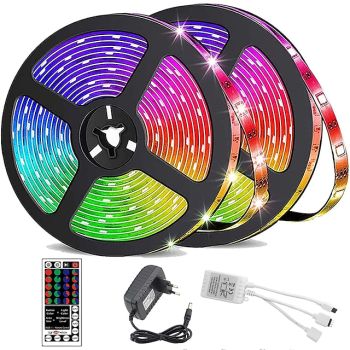 LED Strip Lights Waterproof 10M(2x5M) Flexible LED Strip Lights RGB Tiktok Lights 2835 600LEDs 8mm 44Keys IR Remote Controller