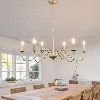 Gold Chandelier 6-Light Modern Brass Farmhouse Chandelier Wrought Iron Classic Candle Ceiling Pendant Light Fixture for Dining Room Living Room Kitchen Island Entry Stairwell, Dia 35" 110-240V