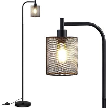 Industrial Floor Lamp for Living Room, Standing Lamp with Hanging Iron Mesh Shade, 8W LED Bulb, Tall Standing Lamp with Foot Switch for Bedroom, Black