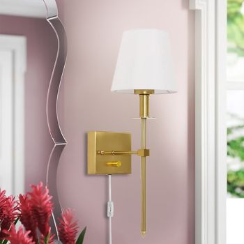 Plug in Wall Sconce Dimmable Wall Sconces 1pcs, White Fabric Shade Wall Lamp with 6Ft Plug in Cord, Indoor Wall Lights Wall Mounted Light Fixture, for Bedroom Living Room Hallway, Gold