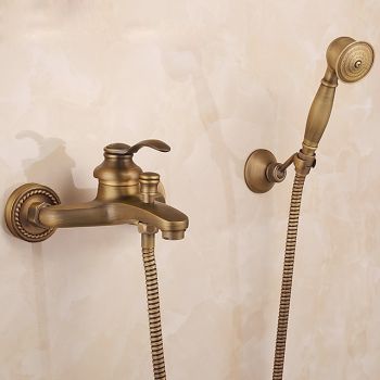 Bathroom Shower Faucet Set, High Flow Vintage Style Wall Mounted Outside Antique Dual-Head Pull Out Shower Head with Handheld, Hot and Cold Water Switch Included Foundation of a Perfect Shower